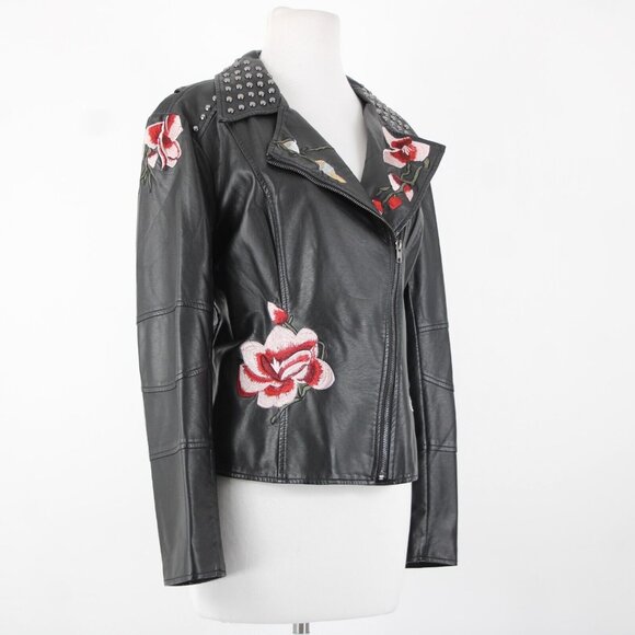 V Christina Sz L Black Silver Studded Floral Pockets Polyurethane AS IS Jacket - Picture 4 of 16